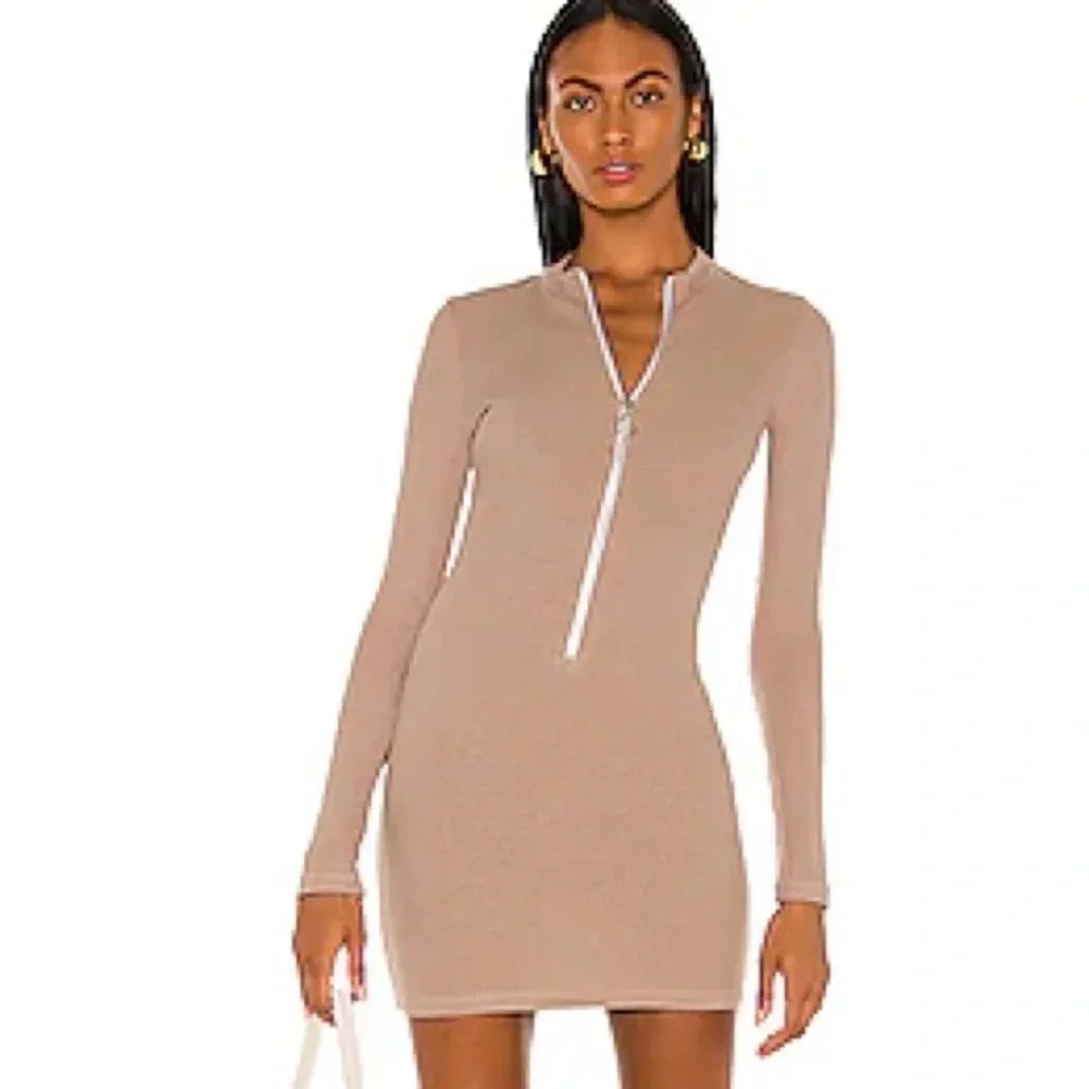 Monrow Ribbed Front Zip Up Dress in Dust Brown Punk Chic Party Goth Size Large L